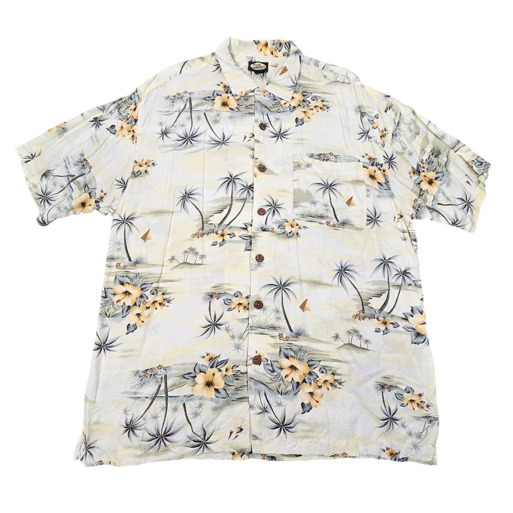 Vintage Tommy Bahama Mens L Silk Tropical Palm Tree Hibiscus Hawaiian Camp Shirt